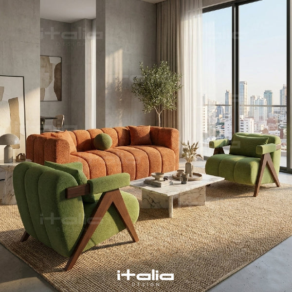 Salon Design Contemporain en Tissu Bouclé – Canapé & Fauteuils Vert et Terracotta