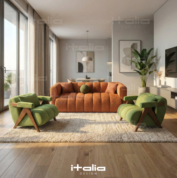 Salon Design Contemporain en Tissu Bouclé – Canapé & Fauteuils Vert et Terracotta