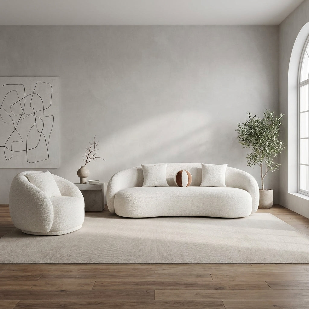 Minimal - Ensemble Canapé 3 Places et Fauteuil en Tissu Bouclé