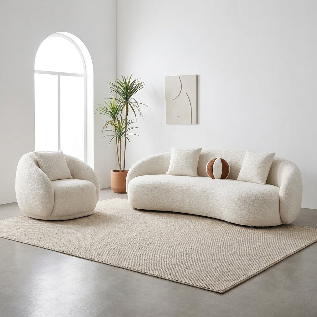 Minimal - Ensemble Canapé 3 Places et Fauteuil en Tissu Bouclé